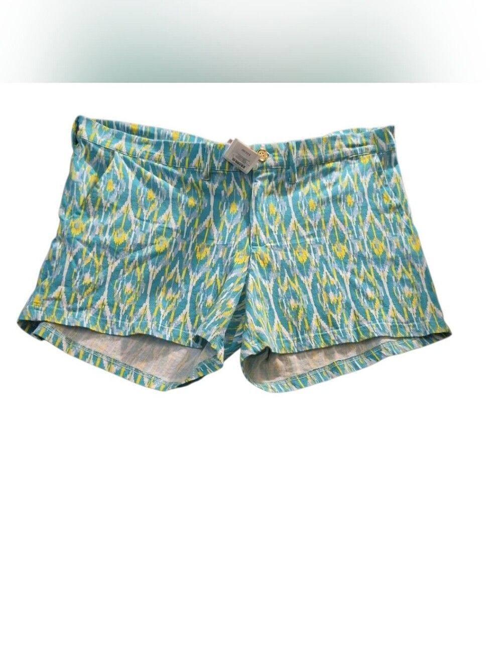 All For Color Teal Ikat Print High-Waist Shorts with Yellow Accents(419)
